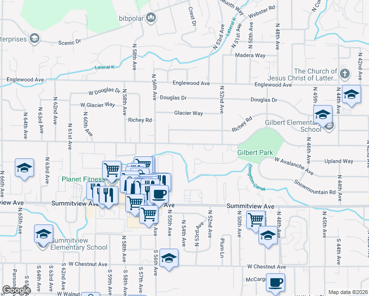 map of restaurants, bars, coffee shops, grocery stores, and more near 5400 West Lincoln Avenue in Yakima
