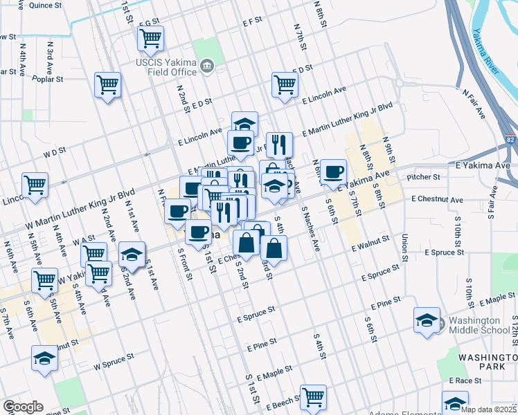 map of restaurants, bars, coffee shops, grocery stores, and more near 315 East Yakima Avenue in Yakima
