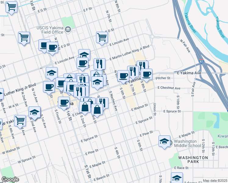 map of restaurants, bars, coffee shops, grocery stores, and more near 5 South Naches Avenue in Yakima