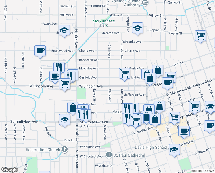 map of restaurants, bars, coffee shops, grocery stores, and more near 1411 West Lincoln Avenue in Yakima