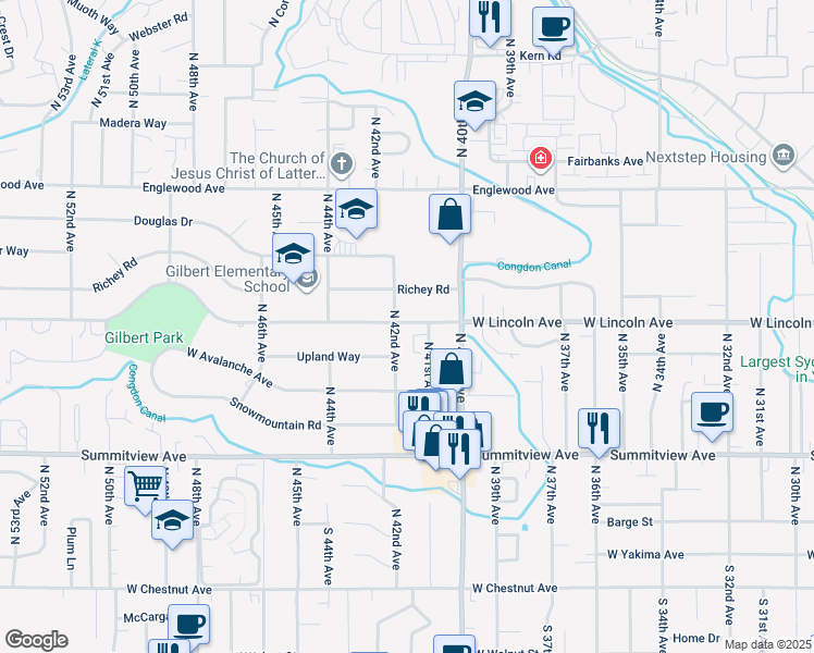 map of restaurants, bars, coffee shops, grocery stores, and more near 4112 West Lincoln Avenue in Yakima