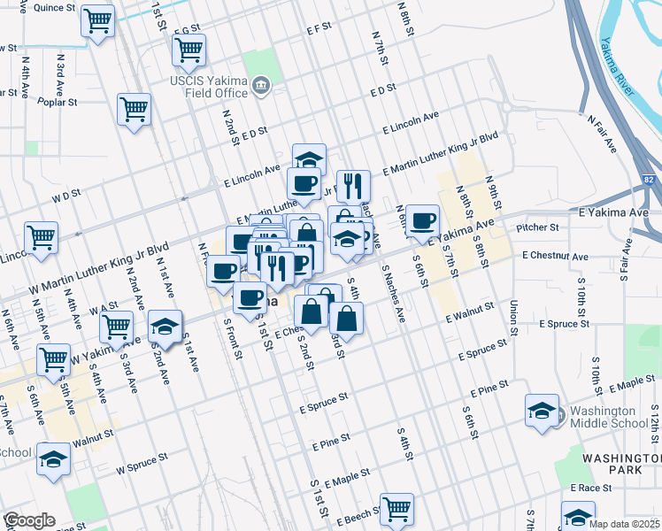 map of restaurants, bars, coffee shops, grocery stores, and more near 315 East Yakima Avenue in Yakima