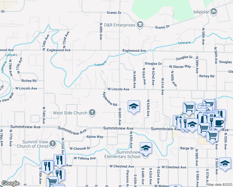 map of restaurants, bars, coffee shops, grocery stores, and more near 320 North 66th Avenue in Yakima