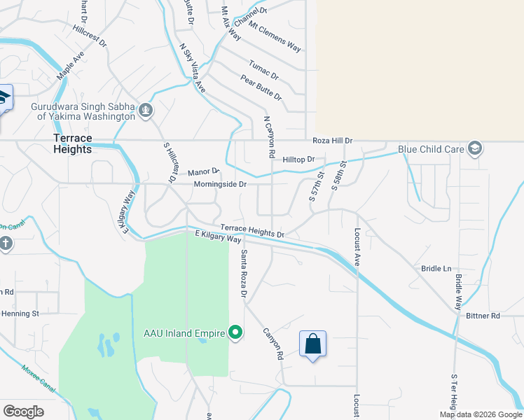 map of restaurants, bars, coffee shops, grocery stores, and more near 207-209 North Canyon Road in Yakima