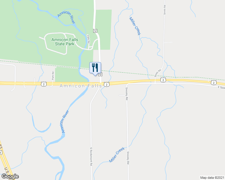 map of restaurants, bars, coffee shops, grocery stores, and more near 8058 U.S. 2 in South Range