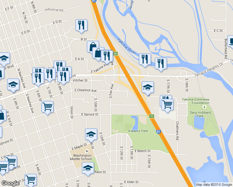 map of restaurants, bars, coffee shops, grocery stores, and more near 1104 E Chestnut Ave in Yakima