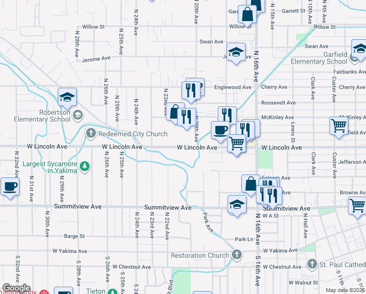map of restaurants, bars, coffee shops, grocery stores, and more near 2117 W Lincoln Ave in Yakima