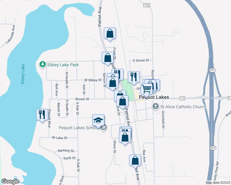 map of restaurants, bars, coffee shops, grocery stores, and more near Tower Square in Pequot Lakes