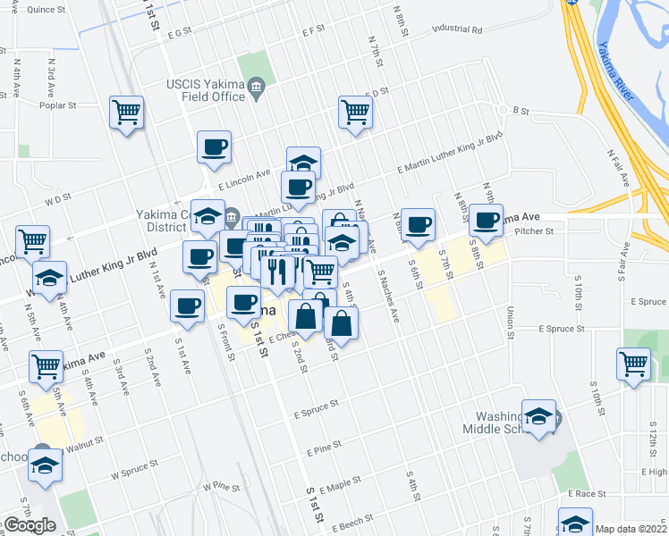 map of restaurants, bars, coffee shops, grocery stores, and more near 321 East Yakima Avenue in Yakima
