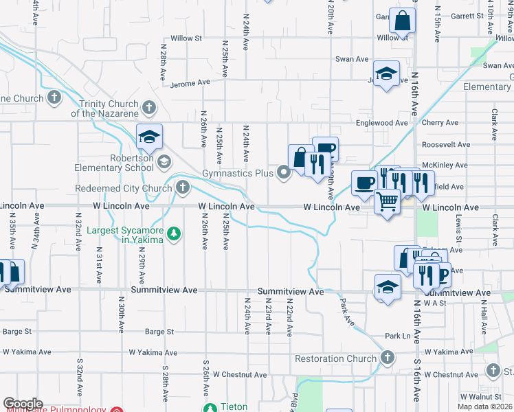 map of restaurants, bars, coffee shops, grocery stores, and more near 2331 West Lincoln Avenue in Yakima