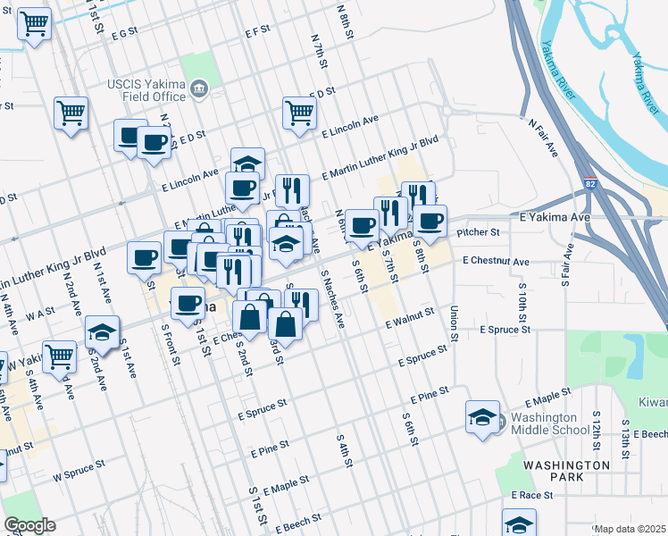 map of restaurants, bars, coffee shops, grocery stores, and more near 5 South Naches Avenue in Yakima