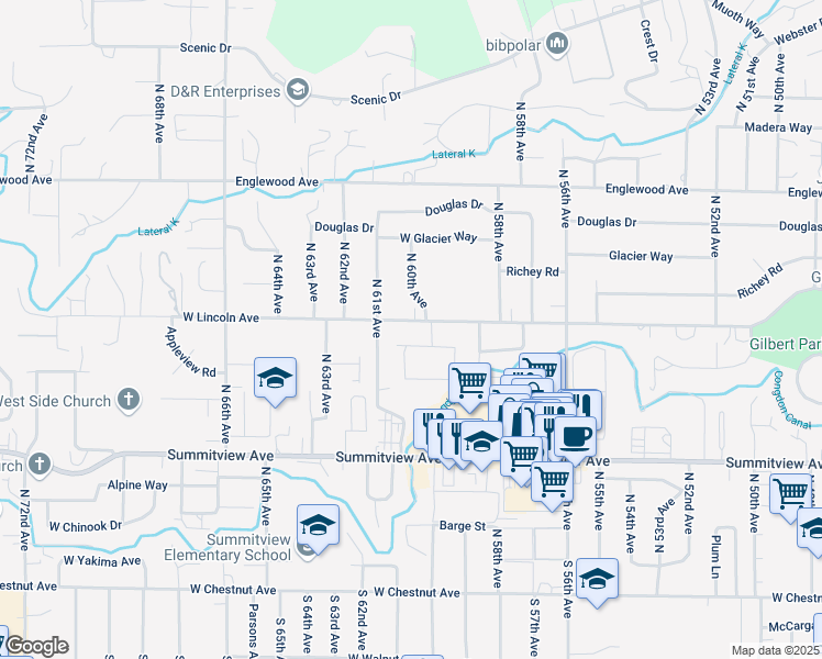 map of restaurants, bars, coffee shops, grocery stores, and more near 6008 West Lincoln Avenue in Yakima
