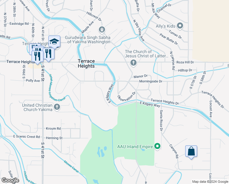 map of restaurants, bars, coffee shops, grocery stores, and more near 4806 Terrace Heights Drive in Yakima