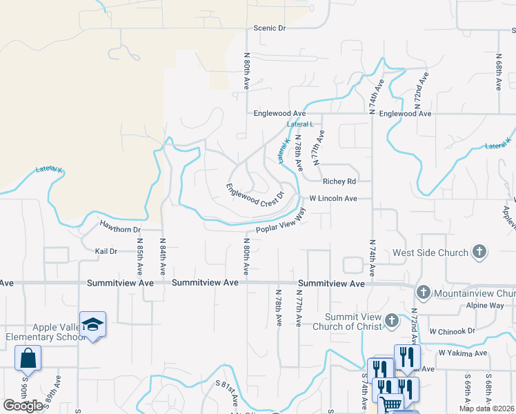 map of restaurants, bars, coffee shops, grocery stores, and more near 7922 Englewood Crest Drive in Yakima