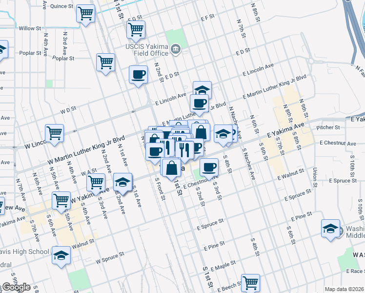 map of restaurants, bars, coffee shops, grocery stores, and more near 28 N 2nd St in Yakima