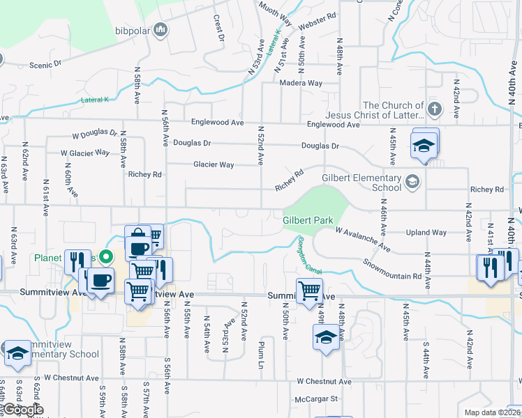 map of restaurants, bars, coffee shops, grocery stores, and more near North 52nd Avenue in Yakima