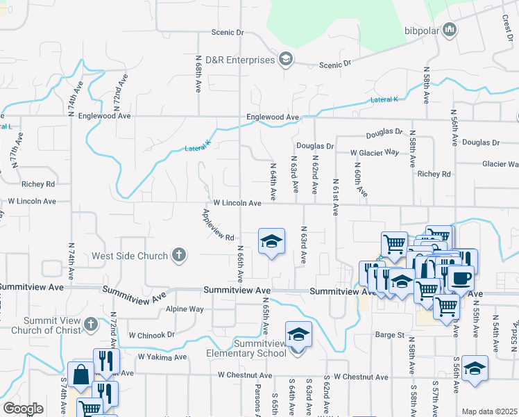 map of restaurants, bars, coffee shops, grocery stores, and more near 6504 W Lincoln Ave in Yakima