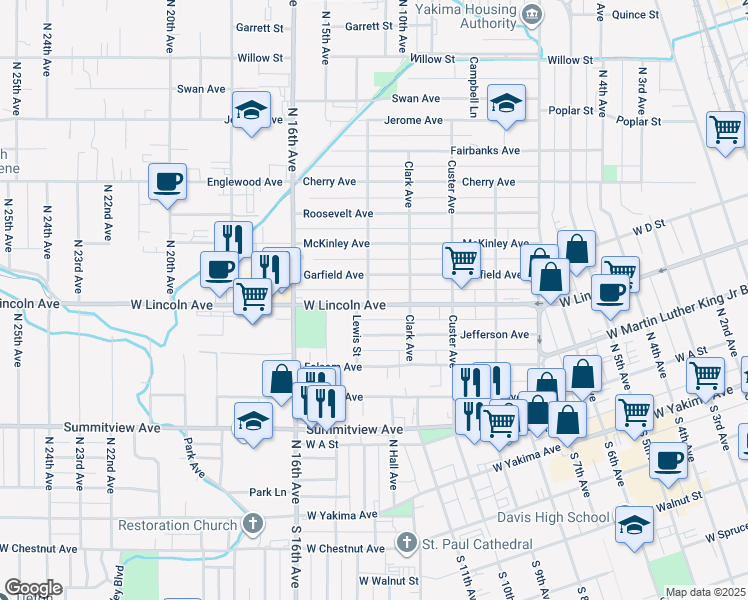 map of restaurants, bars, coffee shops, grocery stores, and more near 1419 West Lincoln Avenue in Yakima