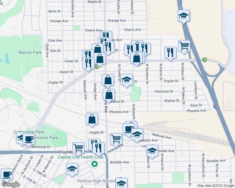 map of restaurants, bars, coffee shops, grocery stores, and more near 1231 Chestnut Street in Helena