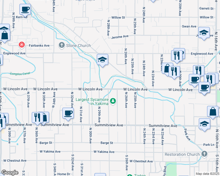 map of restaurants, bars, coffee shops, grocery stores, and more near 2705-2799 West Lincoln Avenue in Yakima