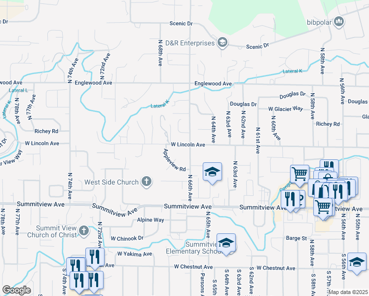 map of restaurants, bars, coffee shops, grocery stores, and more near 320 North 66th Avenue in Yakima