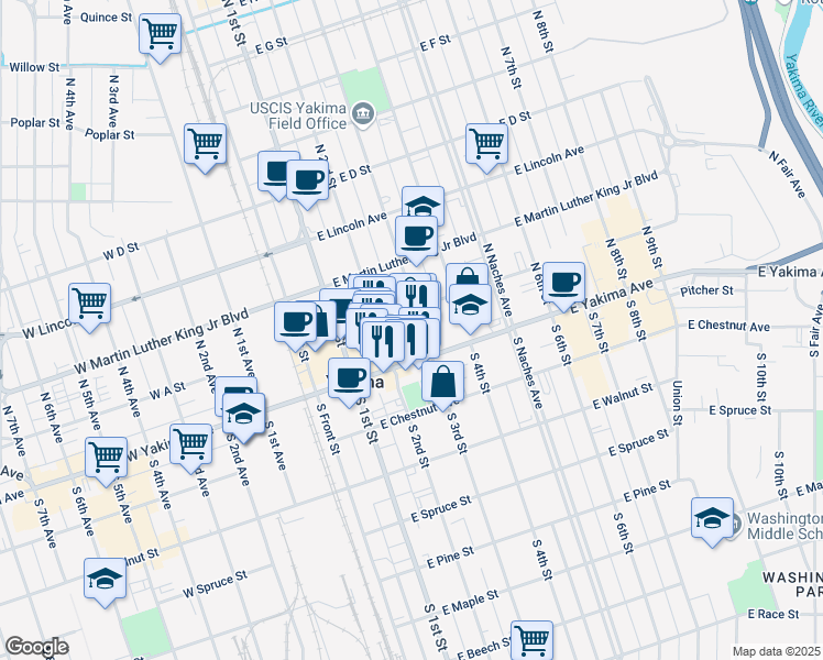 map of restaurants, bars, coffee shops, grocery stores, and more near 32 North 3rd Street in Yakima