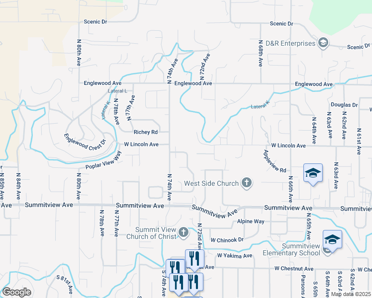 map of restaurants, bars, coffee shops, grocery stores, and more near 7305 West Lincoln Avenue in Yakima