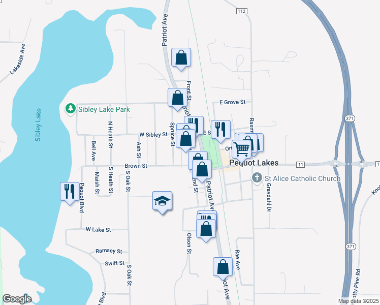 map of restaurants, bars, coffee shops, grocery stores, and more near 31055 Front Street in Pequot Lakes