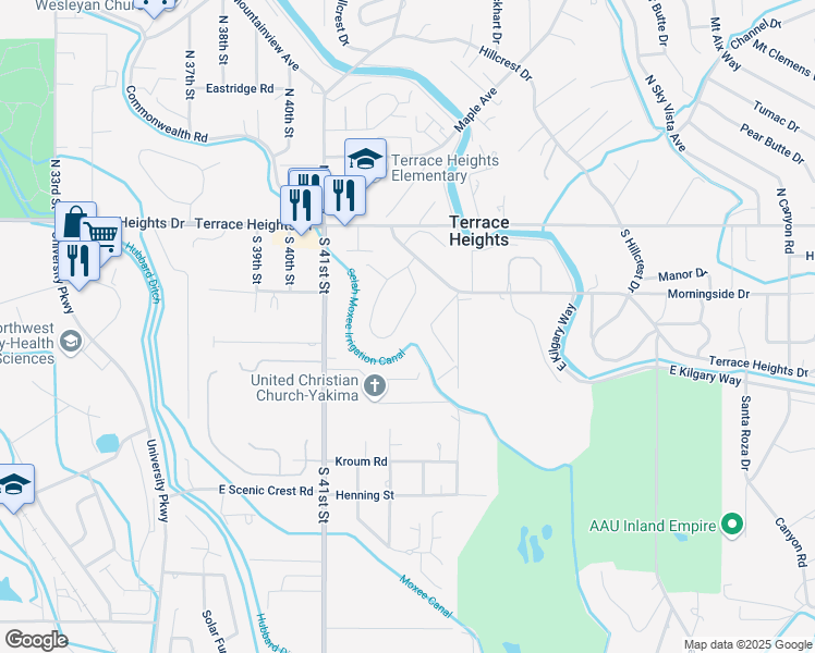 map of restaurants, bars, coffee shops, grocery stores, and more near 132 Roza Vista Drive in Yakima