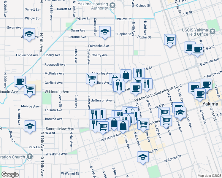 map of restaurants, bars, coffee shops, grocery stores, and more near 1105 West Lincoln Avenue in Yakima