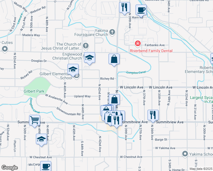 map of restaurants, bars, coffee shops, grocery stores, and more near 4112 West Lincoln Avenue in Yakima