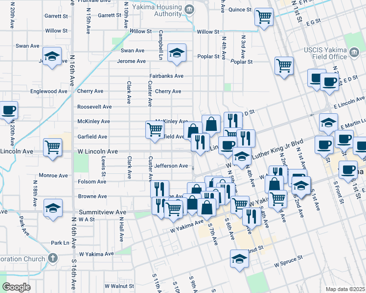 map of restaurants, bars, coffee shops, grocery stores, and more near 1105 W Lincoln Ave in Yakima