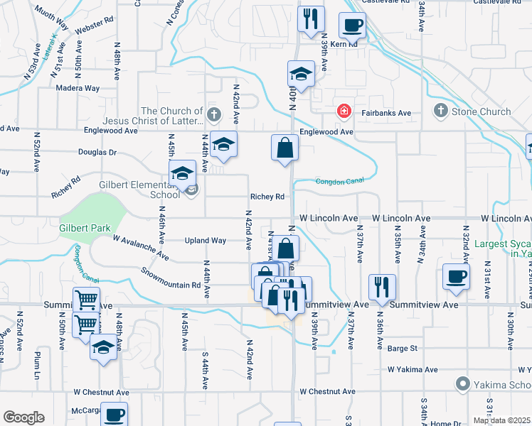 map of restaurants, bars, coffee shops, grocery stores, and more near 4103 West Lincoln Avenue in Yakima