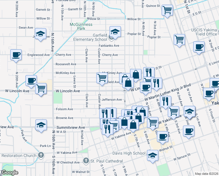 map of restaurants, bars, coffee shops, grocery stores, and more near 1201 West Lincoln Avenue in Yakima
