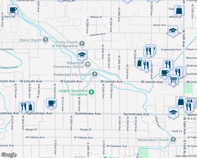 map of restaurants, bars, coffee shops, grocery stores, and more near 2608 West Lincoln Avenue in Yakima