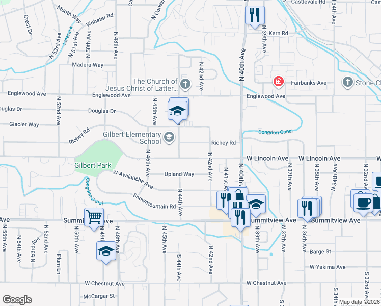 map of restaurants, bars, coffee shops, grocery stores, and more near 4310 West Lincoln Avenue in Yakima