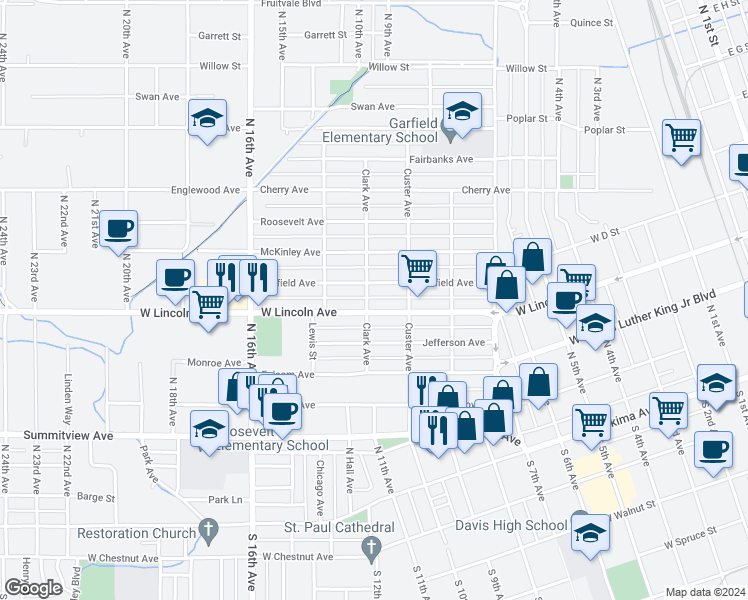 map of restaurants, bars, coffee shops, grocery stores, and more near 1317 West Lincoln Avenue in Yakima