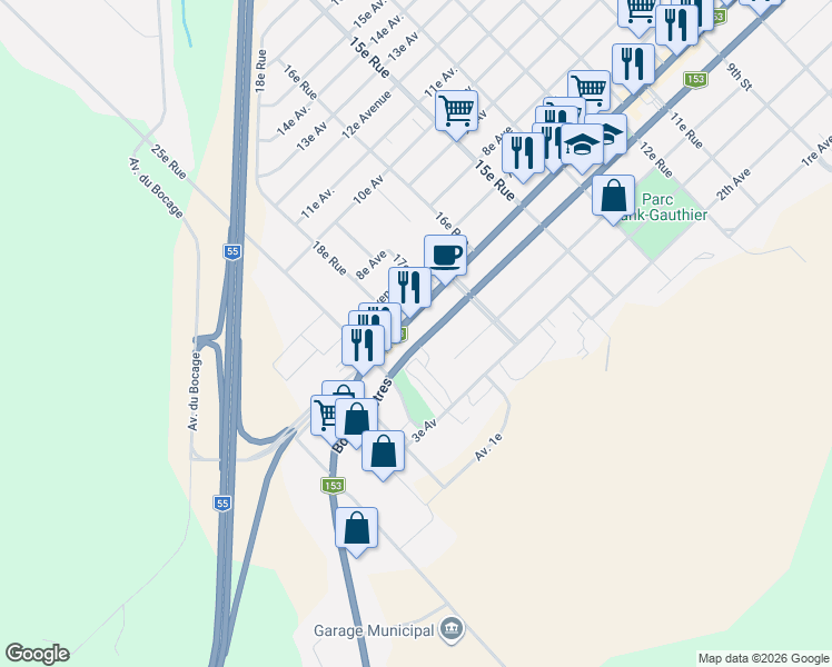 map of restaurants, bars, coffee shops, grocery stores, and more near 1800 5e Avenue in Shawinigan