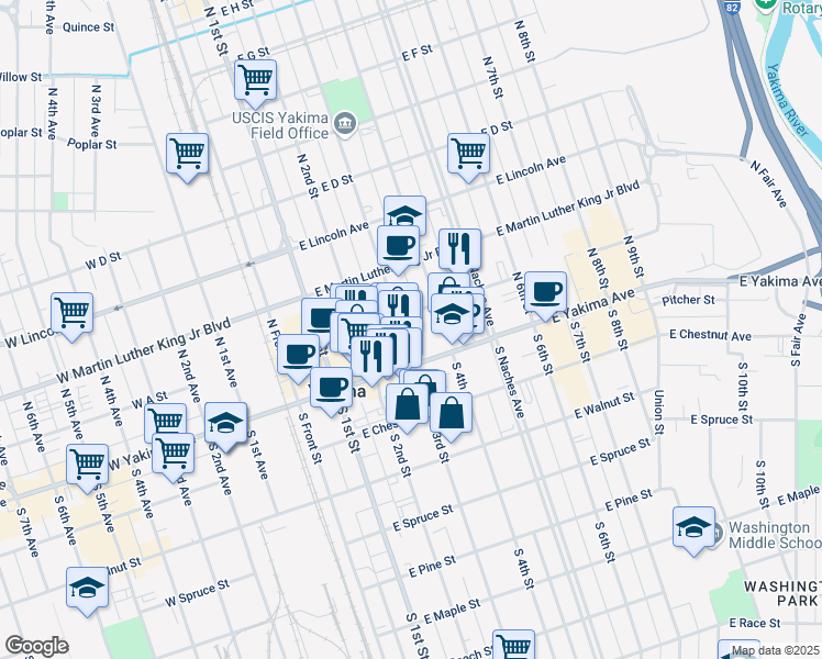 map of restaurants, bars, coffee shops, grocery stores, and more near 315 East Yakima Avenue in Yakima