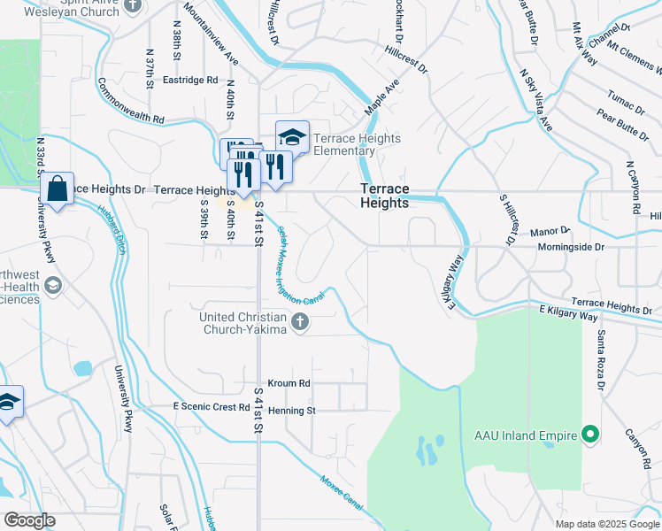 map of restaurants, bars, coffee shops, grocery stores, and more near 132 S Roza Vista Dr in Yakima