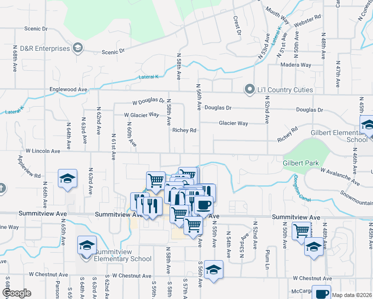 map of restaurants, bars, coffee shops, grocery stores, and more near 310 North 57th Avenue in Yakima