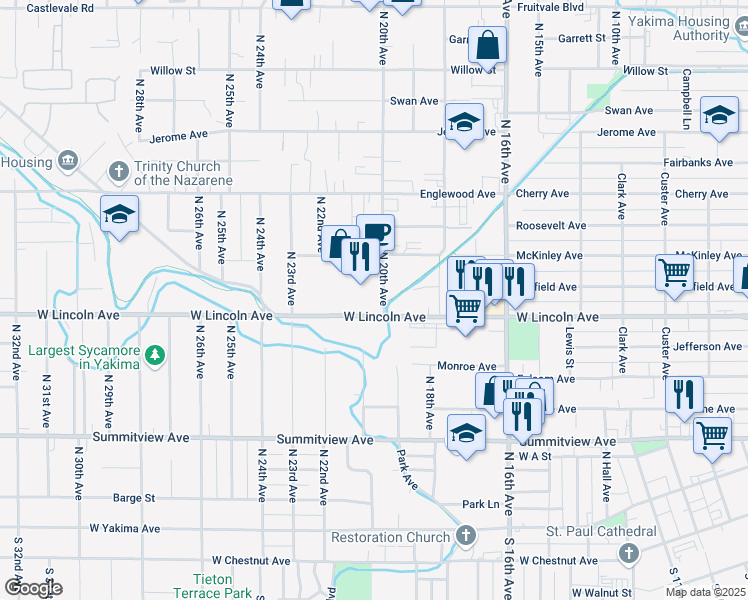 map of restaurants, bars, coffee shops, grocery stores, and more near 1909 West Lincoln Avenue in Yakima