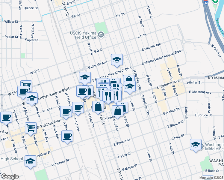 map of restaurants, bars, coffee shops, grocery stores, and more near 32 North 3rd Street in Yakima