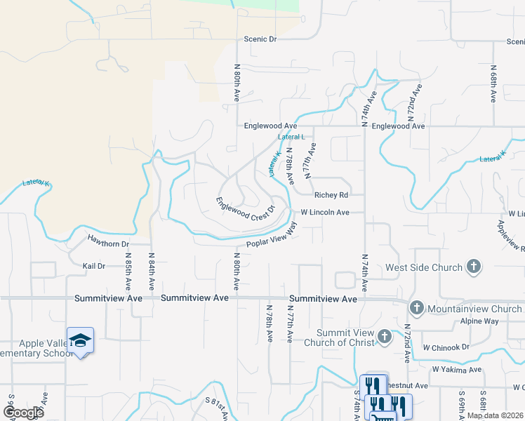 map of restaurants, bars, coffee shops, grocery stores, and more near 7922 Englewood Crest Drive in Yakima