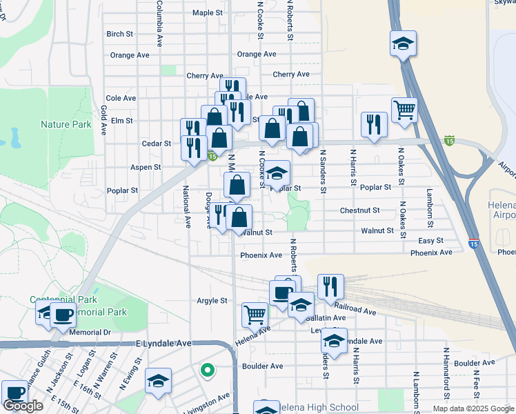 map of restaurants, bars, coffee shops, grocery stores, and more near 1231 Chestnut Street in Helena