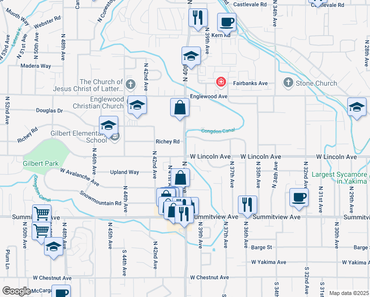 map of restaurants, bars, coffee shops, grocery stores, and more near 4004 West Lincoln Avenue in Yakima