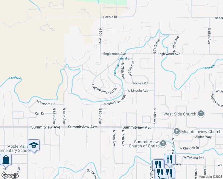 map of restaurants, bars, coffee shops, grocery stores, and more near 7922 Englewood Crest Drive in Yakima