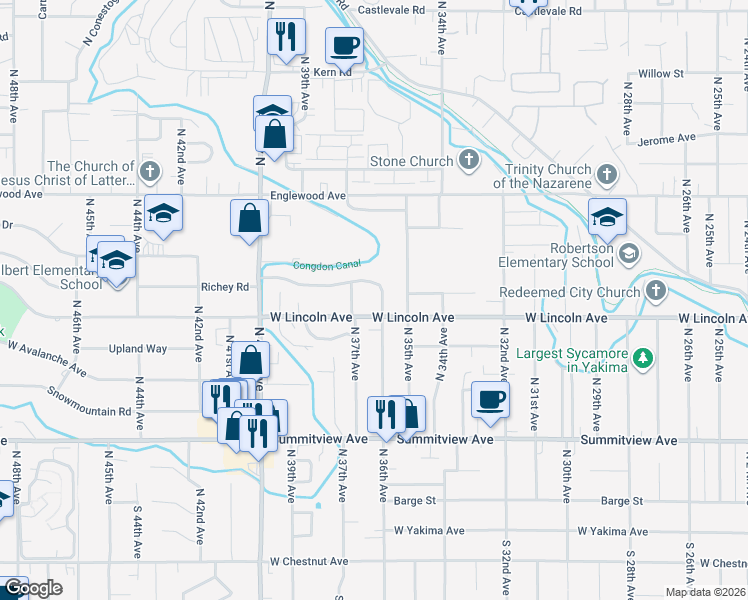 map of restaurants, bars, coffee shops, grocery stores, and more near 323 North 36th Avenue in Yakima