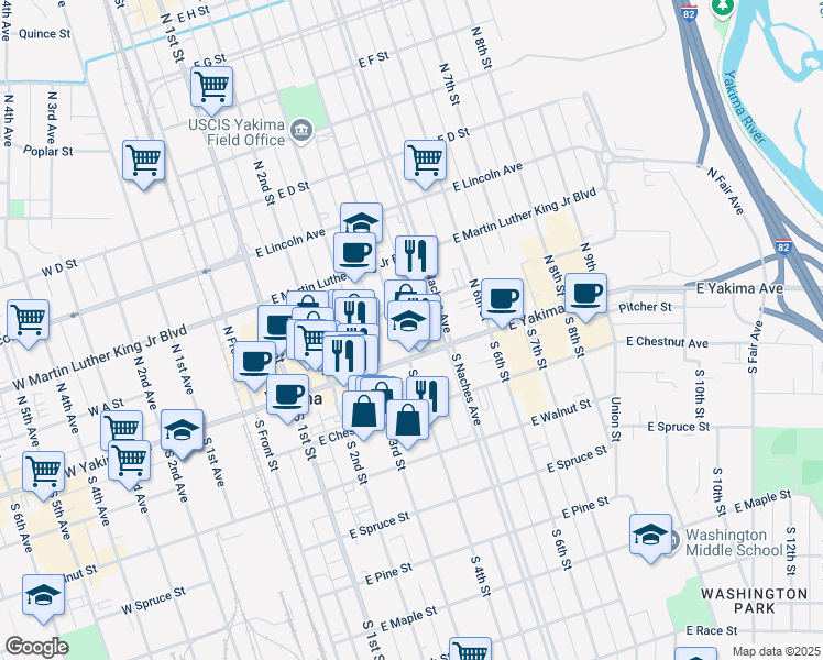 map of restaurants, bars, coffee shops, grocery stores, and more near 401 East Yakima Avenue in Yakima