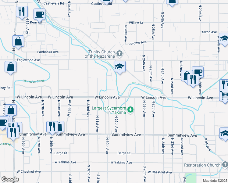 map of restaurants, bars, coffee shops, grocery stores, and more near 2902 Richey Road in Yakima